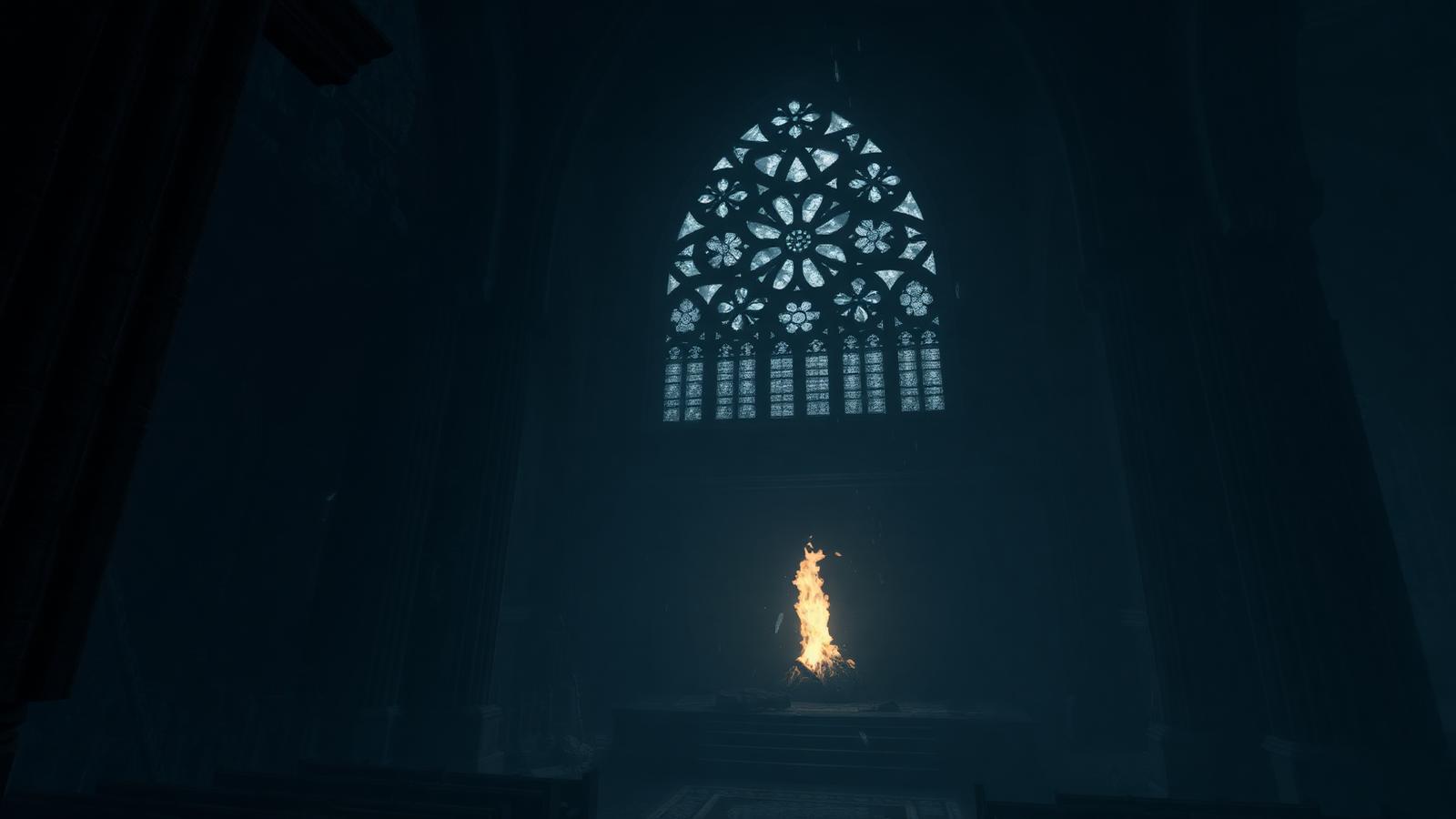 Trailer poster frame: ruined cathedral lit by a single fire
