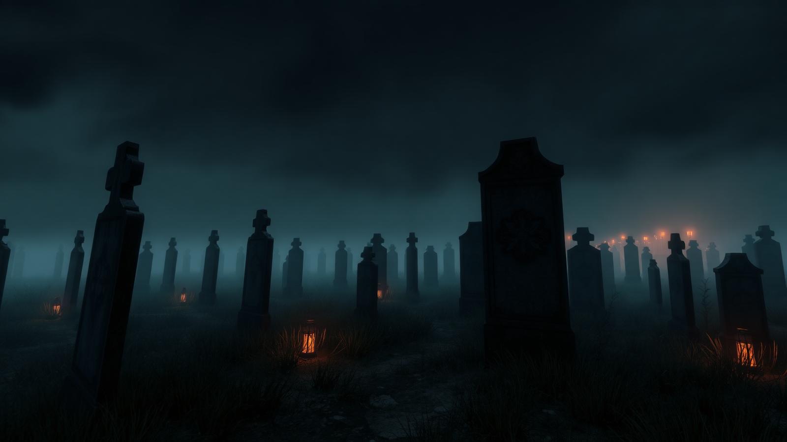 Placeholder screenshot: fog-drowned moor of tilted gravestones under a black sky